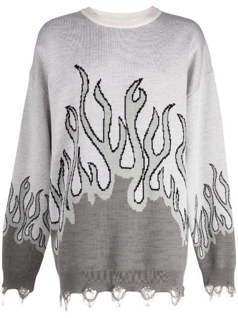 distressed-effect flame-print wool jumper by HACULLA