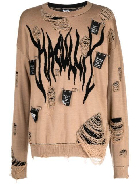 distressed intarsia-logo jumper by HACULLA