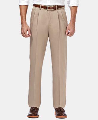Men's Premium No Iron Khaki Classic Fit Pleat Hidden Expandable Waist Pants by HAGGAR