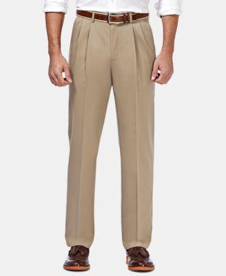 Men's Premium No Iron Khaki Classic Fit Pleat Hidden Expandable Waist Pants by HAGGAR