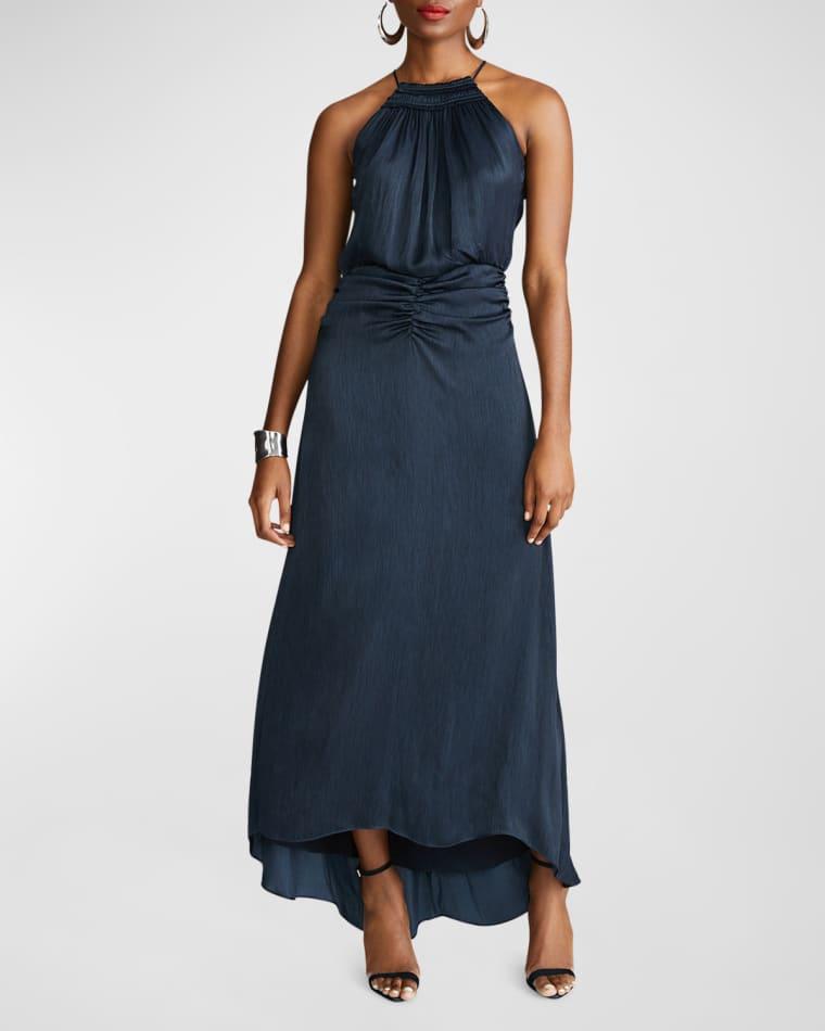 High-Low Slub Micro Satin Halter Gown by HALSTON