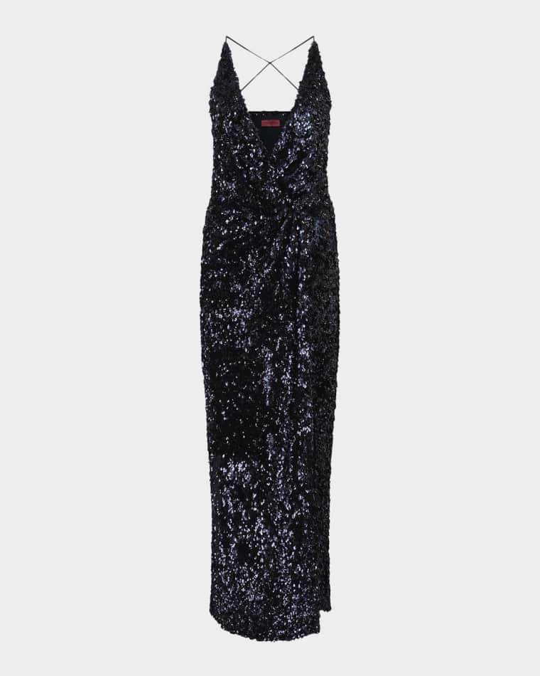 Katri Draped Open-Back Sequin Column Gown by HALSTON