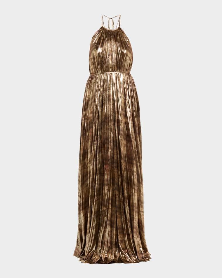 Maxine Pleated Metallic Jersey Halter Gown by HALSTON