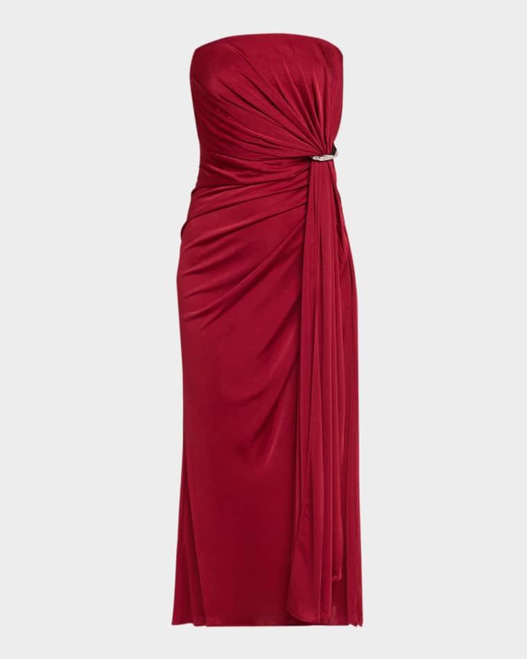 Nadia Strapless Draped Jersey Midi Dress by HALSTON