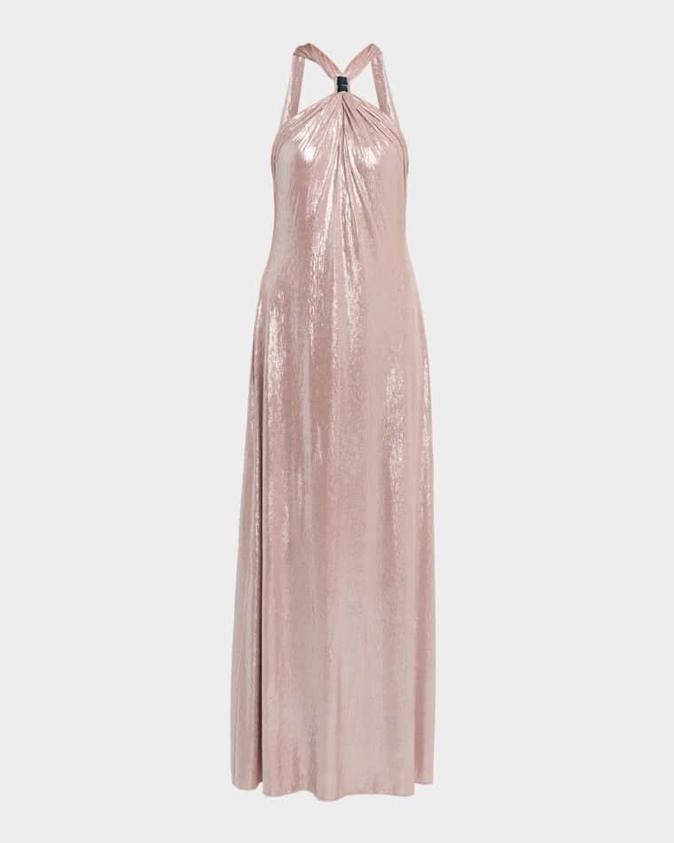 Sofie Draped Metallic Jersey Halter Gown by HALSTON