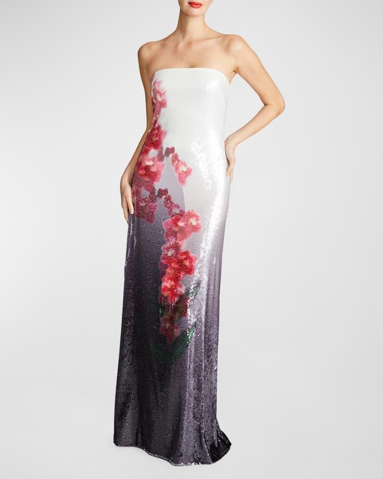 Spencer Strapless Floral-Print Sequin Gown by HALSTON
