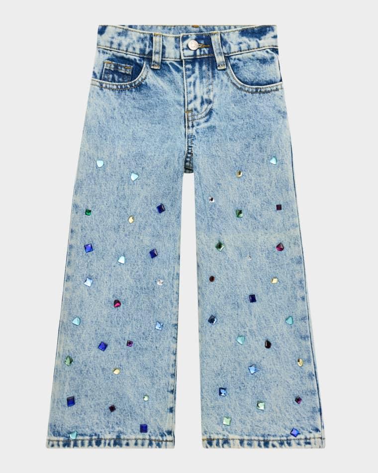 Girl's Bejeweled Wide-Leg Denim Jeans, Size 2-6 by HANNAH BANANA