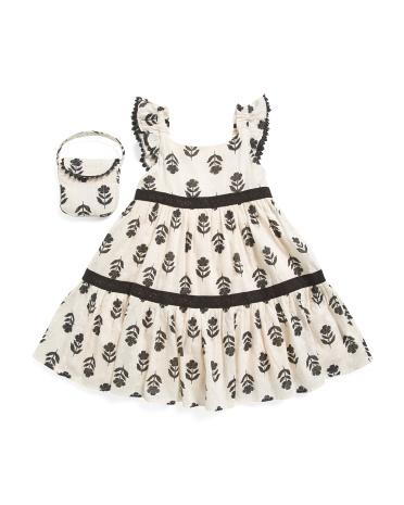 Girls Ruffle Sleeve Block Print Dress With Purse | Polyester/Cotton by HAPPILY GREY