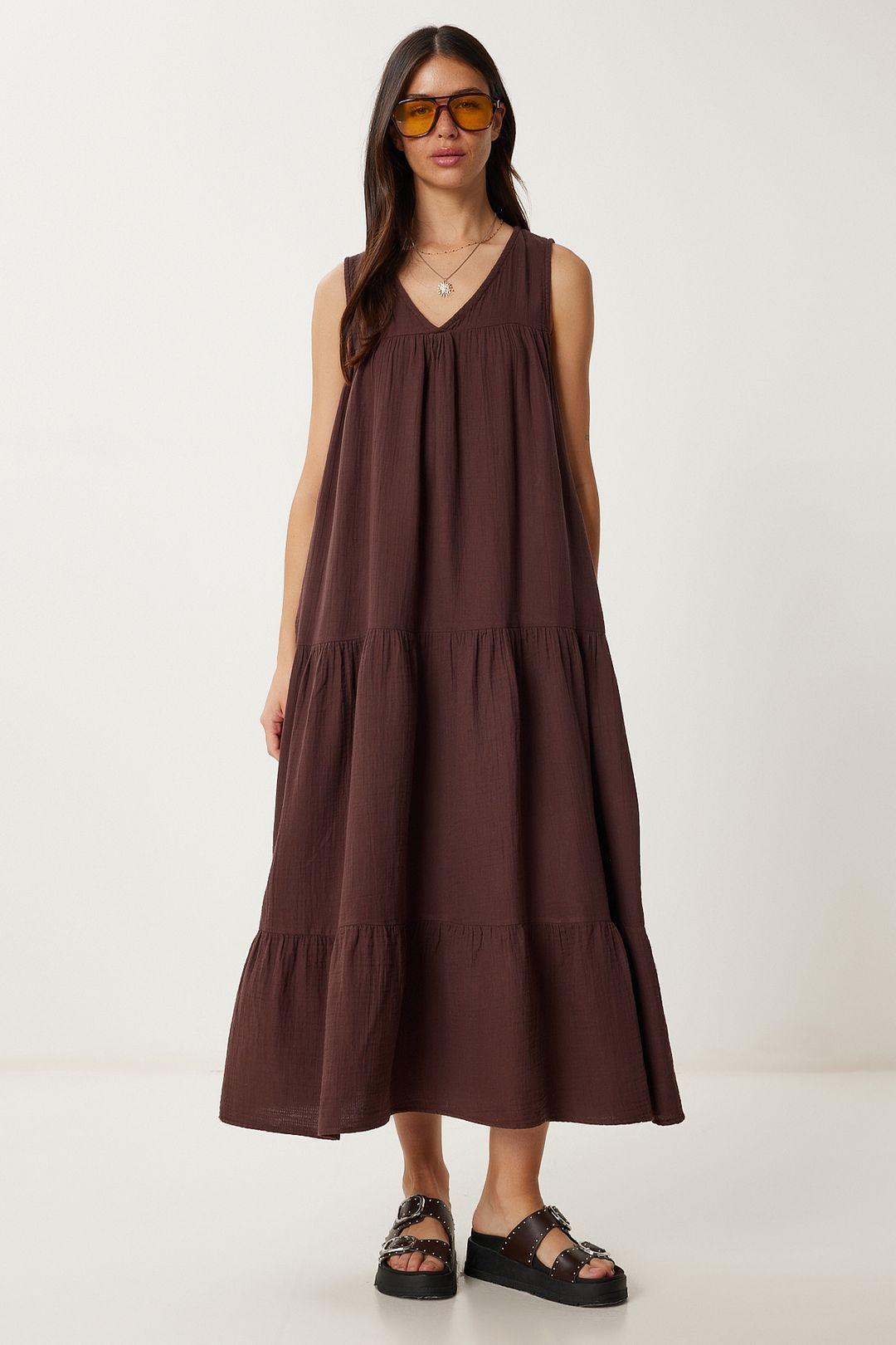 Frilly V-Neck Midi Dress by HAPPINESS ISTANBUL