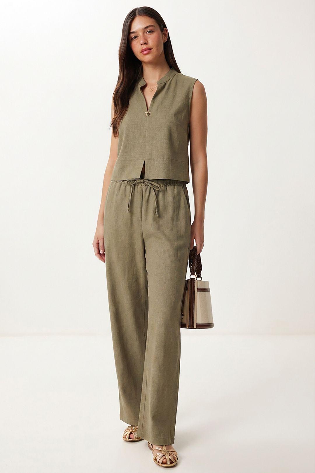 Mid Waist Mandarin Collar Woven Two-Piece Co-ord Set by HAPPINESS ISTANBUL