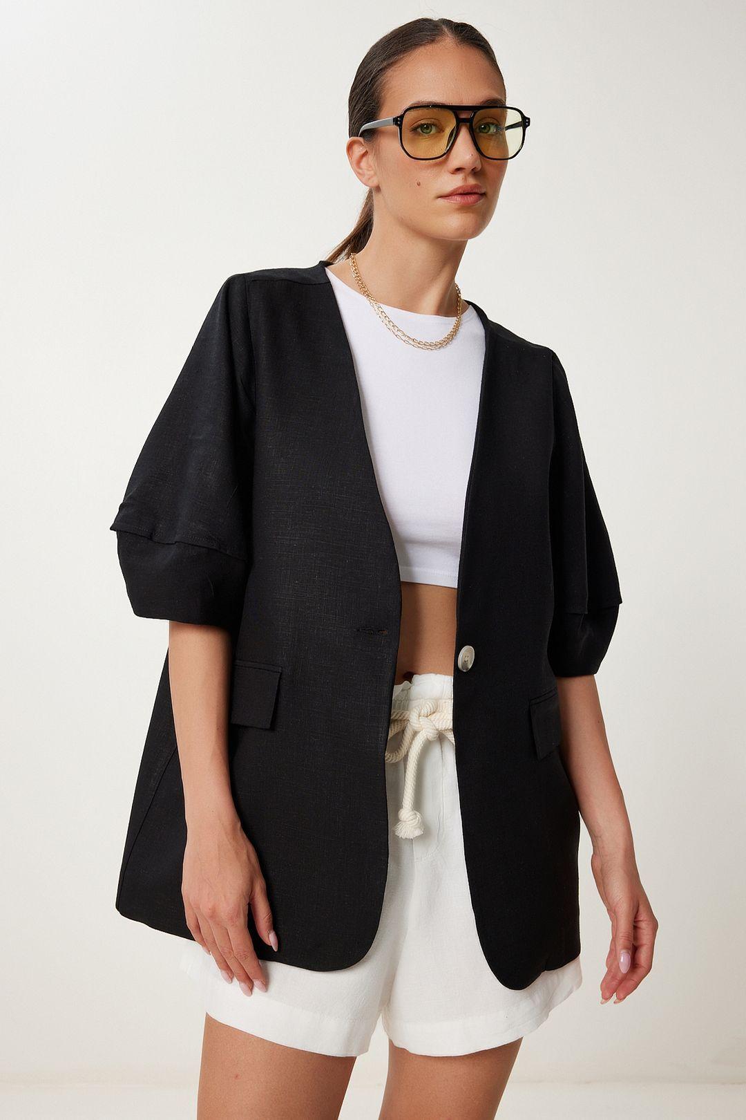 Oversized woven jacket with button closure by HAPPINESS ISTANBUL