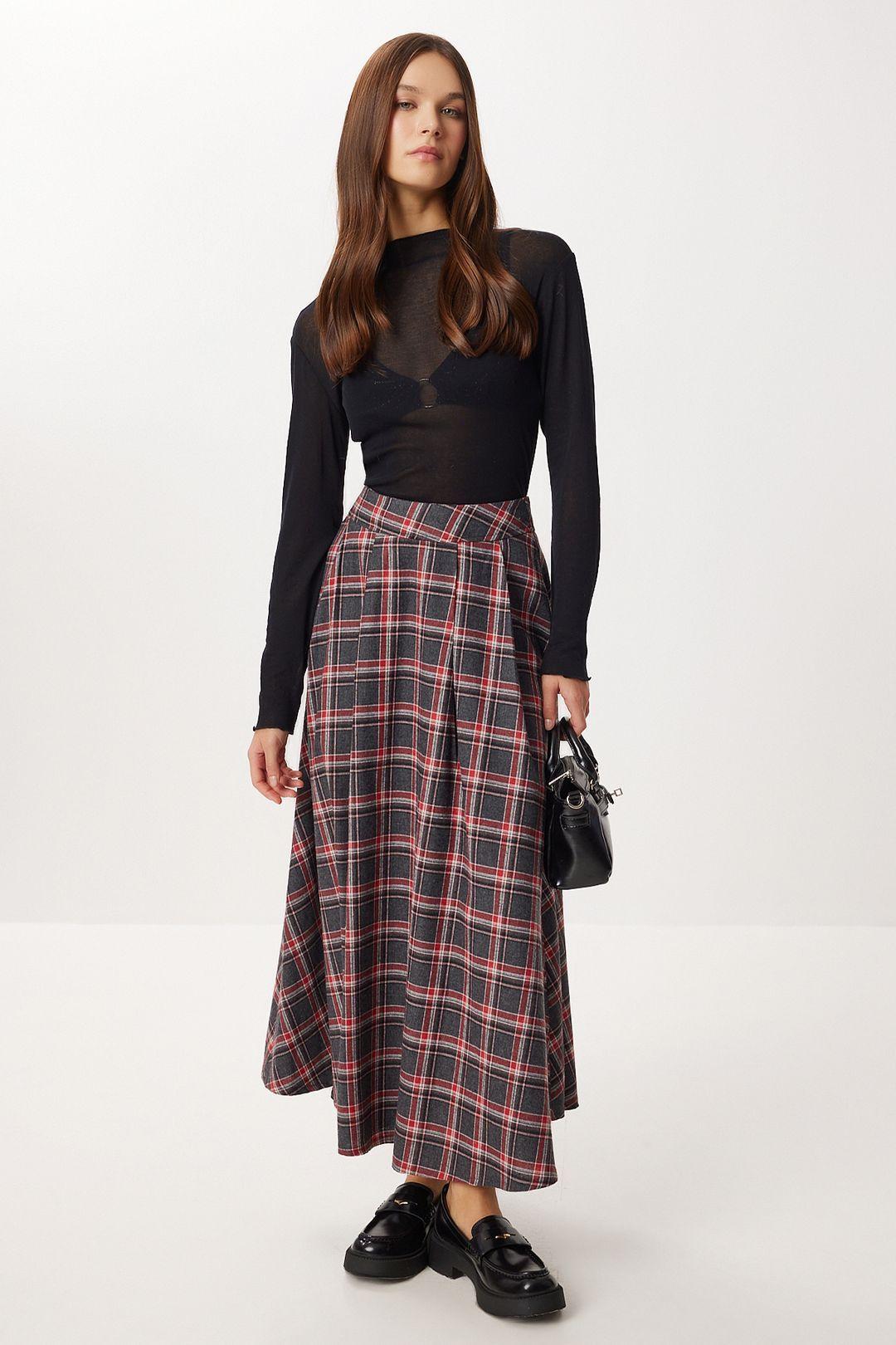 Plaid High Waist Pleated Midi Skirt by HAPPINESS ISTANBUL