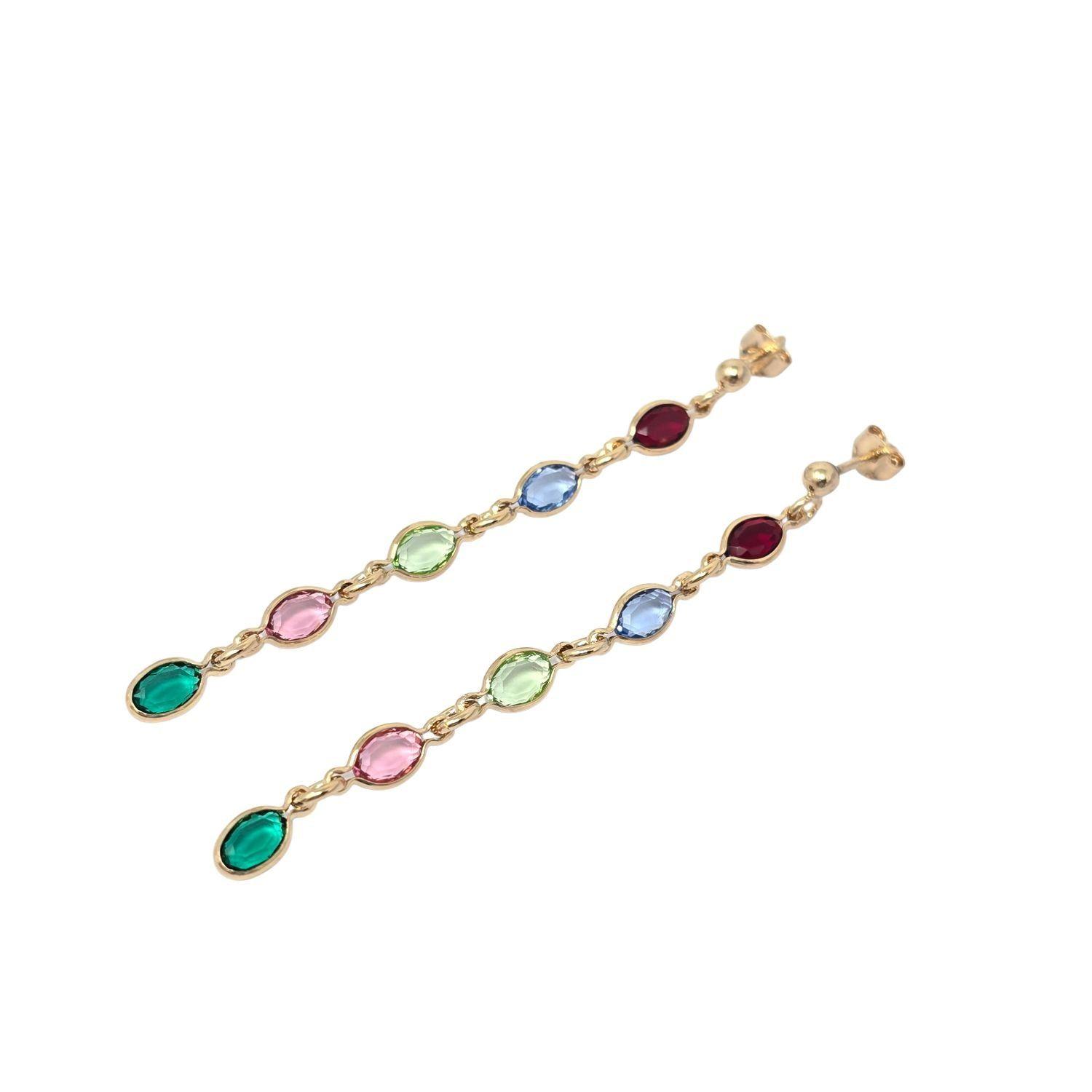 Dangle Multi Gemstone Crystal Drop Gold Plated Earrings by HARFI