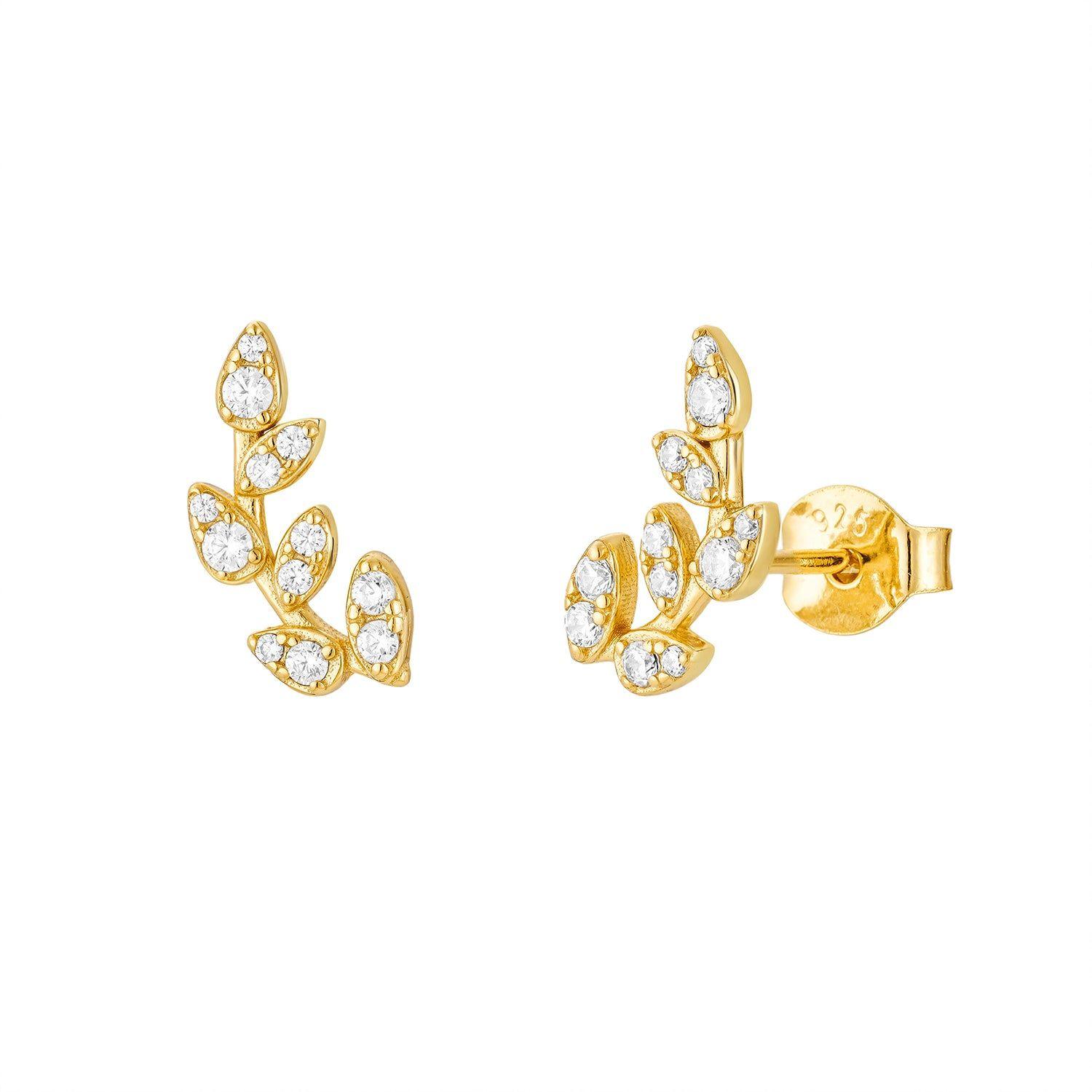 Sparkling Leaf Branch Gold Plated Stud Earrings by HARFI