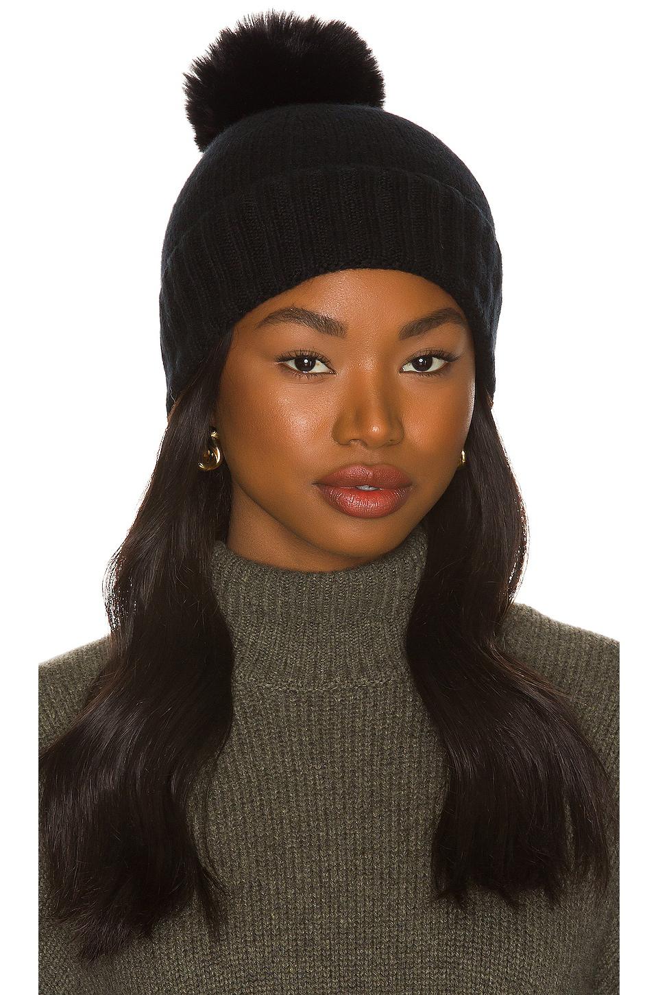 Hat Attack Cashmere Slouchy Cuff Beanie with Faux Fur Pom in Black by HAT ATTACK