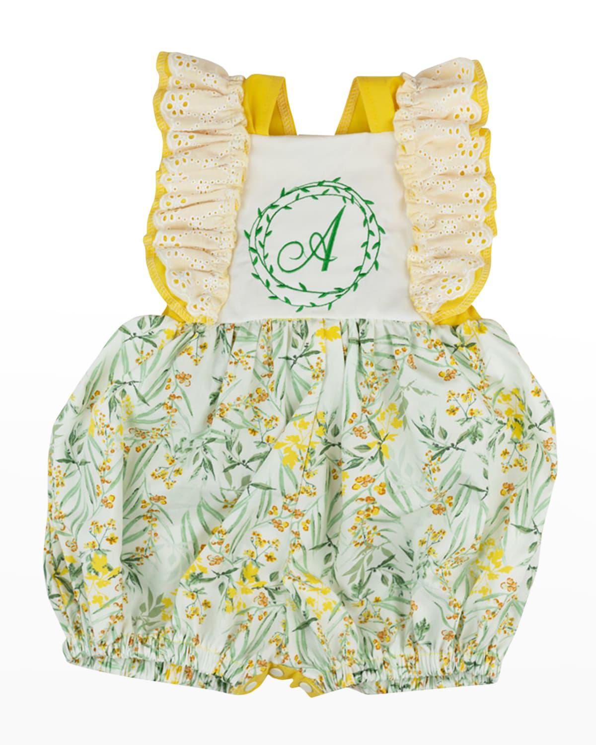 Girl's Ruffle Trim Personalized Romper, Size Newborn-24M by HAUTE BABY