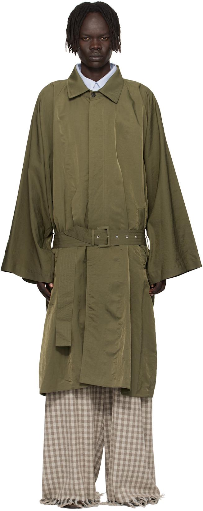 Green Crinkled Trench Coat by HED MAYNER