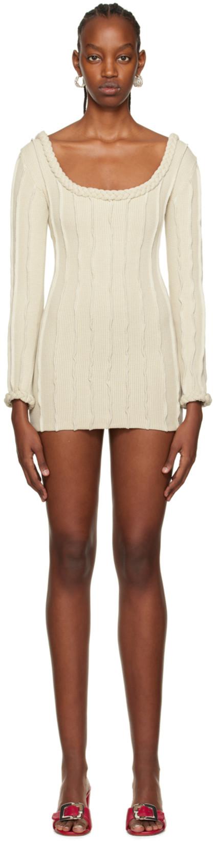 Beige Braided 3D Stripe Minidress by HELENAMANZANO