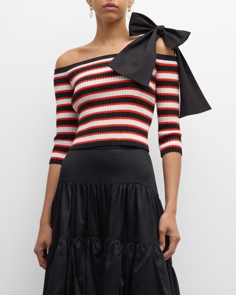 Carlo Bow Off-The-Shoulder Striped Rib Crop Top by HELLESSY