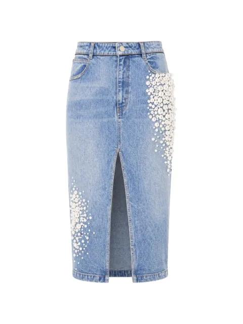 faux-pearl embellished denim midi skirt by HELLESSY