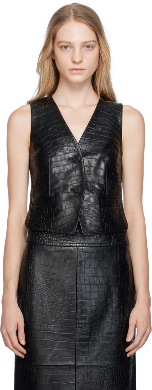 Black Embossed Leather Vest by HELMUT LANG