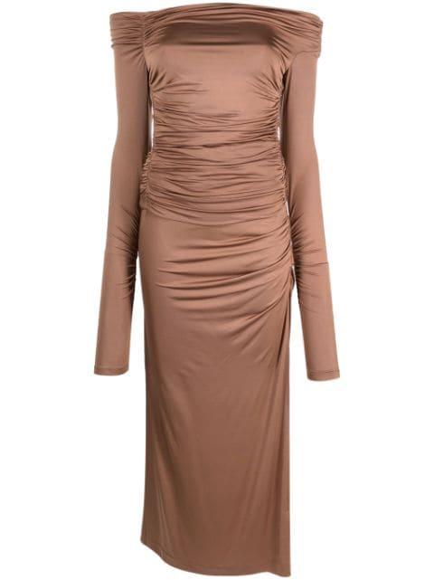 off-shoulder draped maxi dress by HELMUT LANG