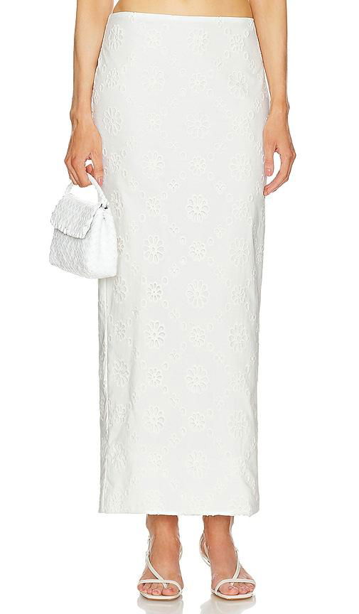 Helsa Eyelet Column Midi Skirt in White by HELSA