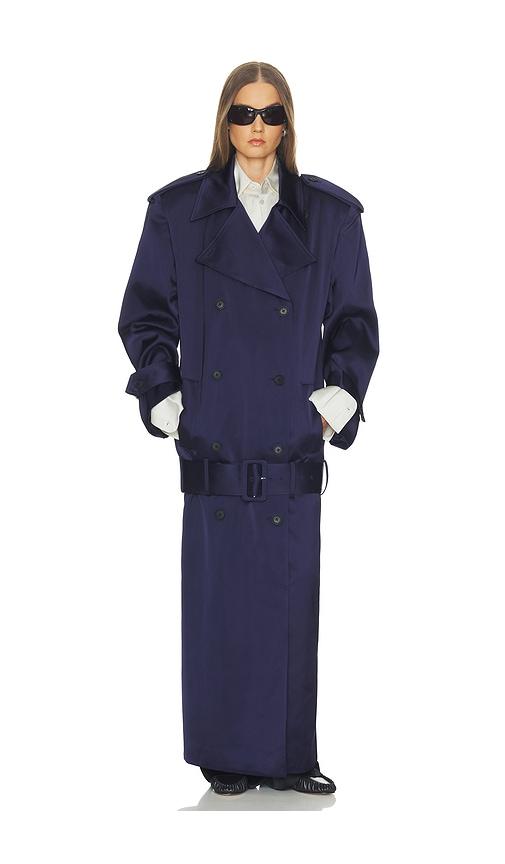 Helsa Trench Coat With Low Belt in Double Face Satin in Navy by HELSA