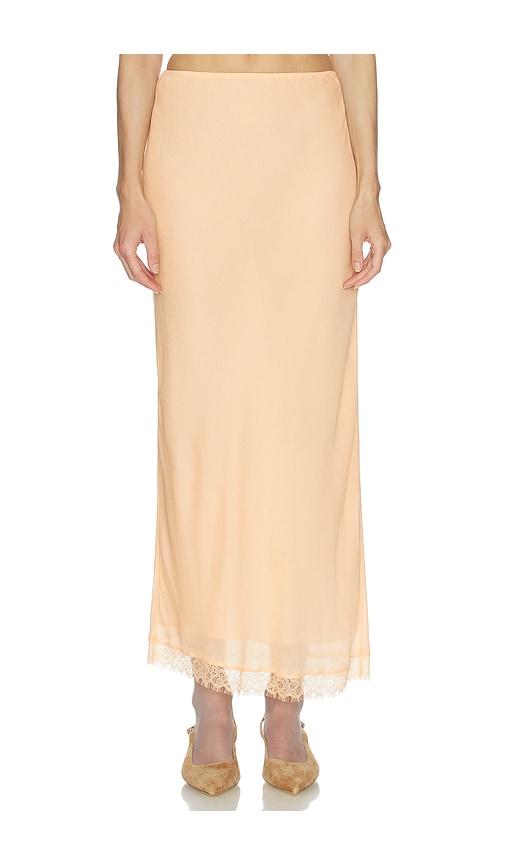 Helsa Viscose Satin Slip Skirt With Lace in Beige by HELSA