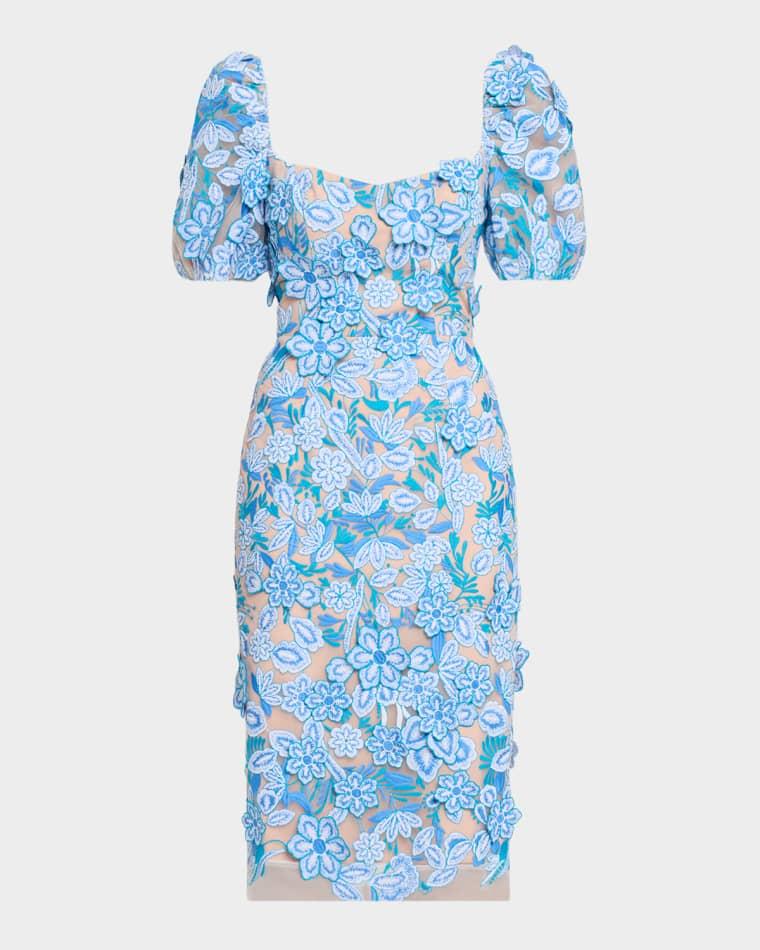 Exclusive Lucia Embroidered Puff-Sleeve Midi Dress by HELSI