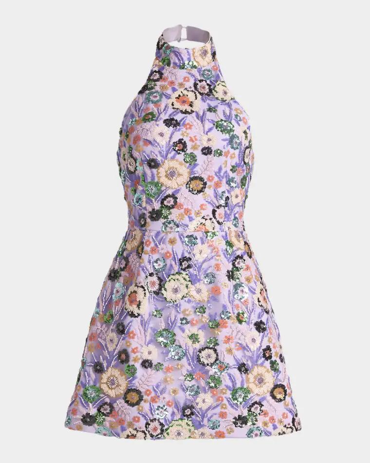 Sarah Floral Sequin Halter Mini Dress by HELSI
