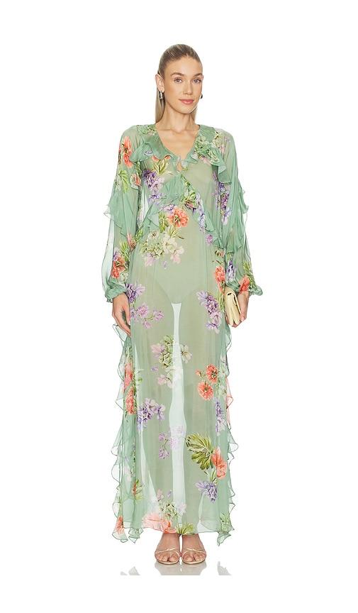 HEMANT AND NANDITA Long Ruffle Kaftan in Green by HEMANT&NANDITA