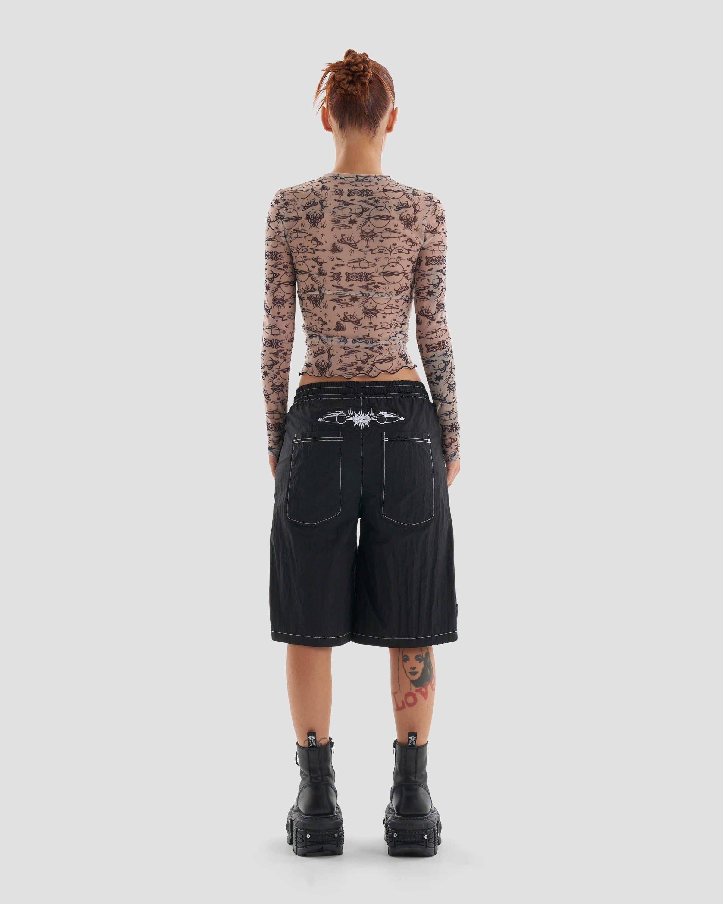 Play Harder Oversized Parachute Basketball Shorts with Tattoo Print in Black by HERETIC NINE