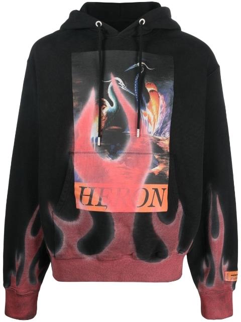 flame-print cotton hoodie by HERON PRESTON