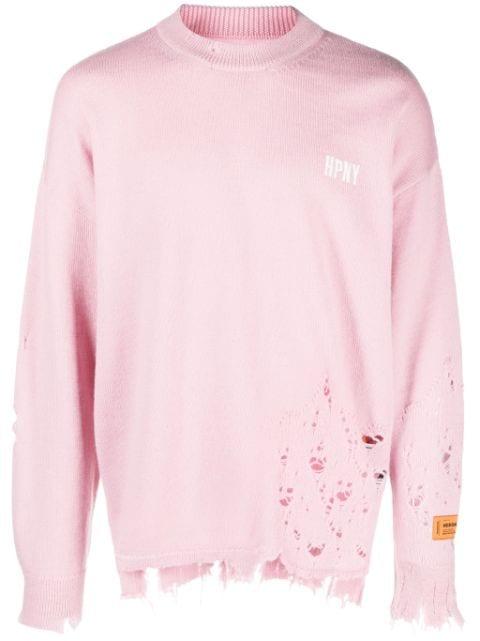 logo-embroidered ripped wool jumper by HERON PRESTON