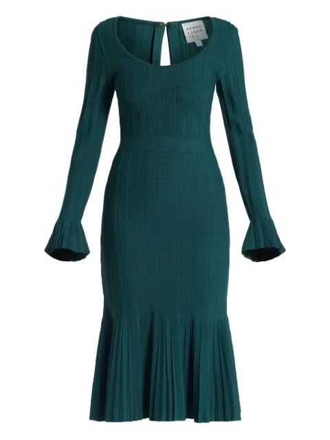 Alena bell-sleeve plissé midi dress by HERVE LEGER