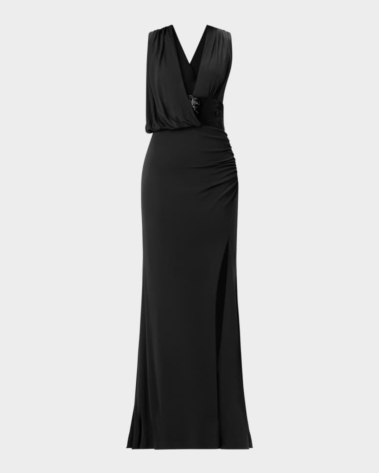 The Lucille Draped Sequin-Embellished Gown by HERVE LEGER