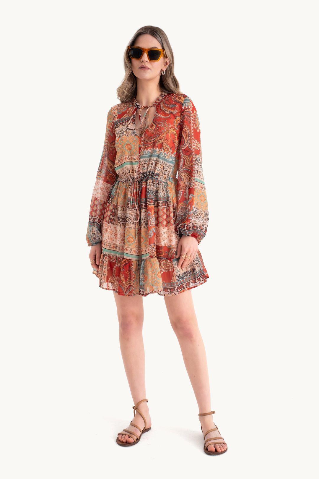 Abstract V Neck Drawstring Mini Boho Dress by HICCUP