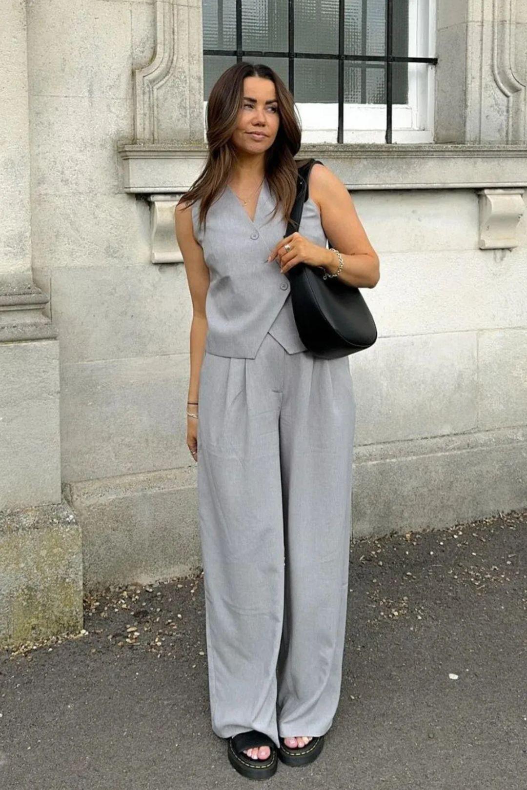 Asymmetric Buttoned V-Neck Waistcoat and Pleated Pants Coords Set by HICCUP
