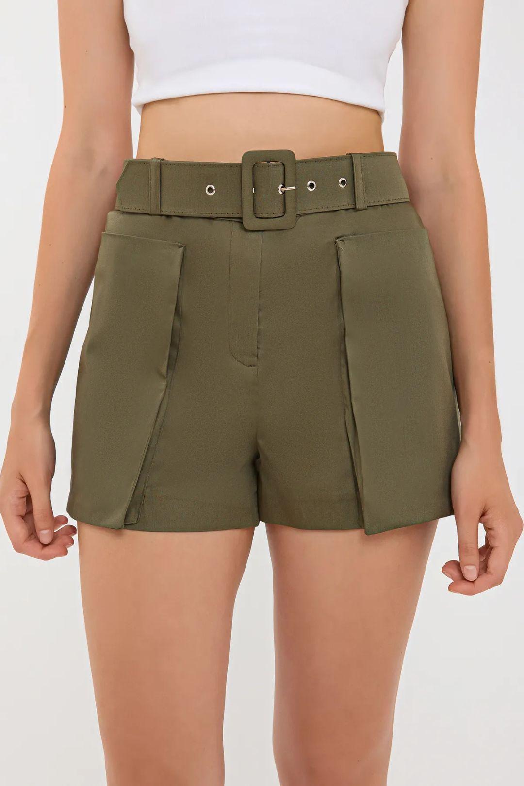 Cotton High-Waist Shorts with Pocket and Belt Detail by HICCUP