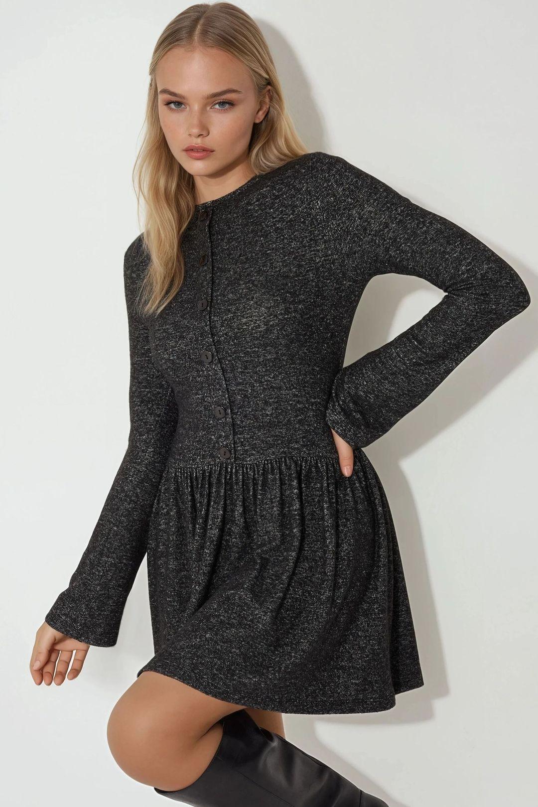 Crew Neck Long Sleeve Skater Mini Dress with Button Detail by HICCUP