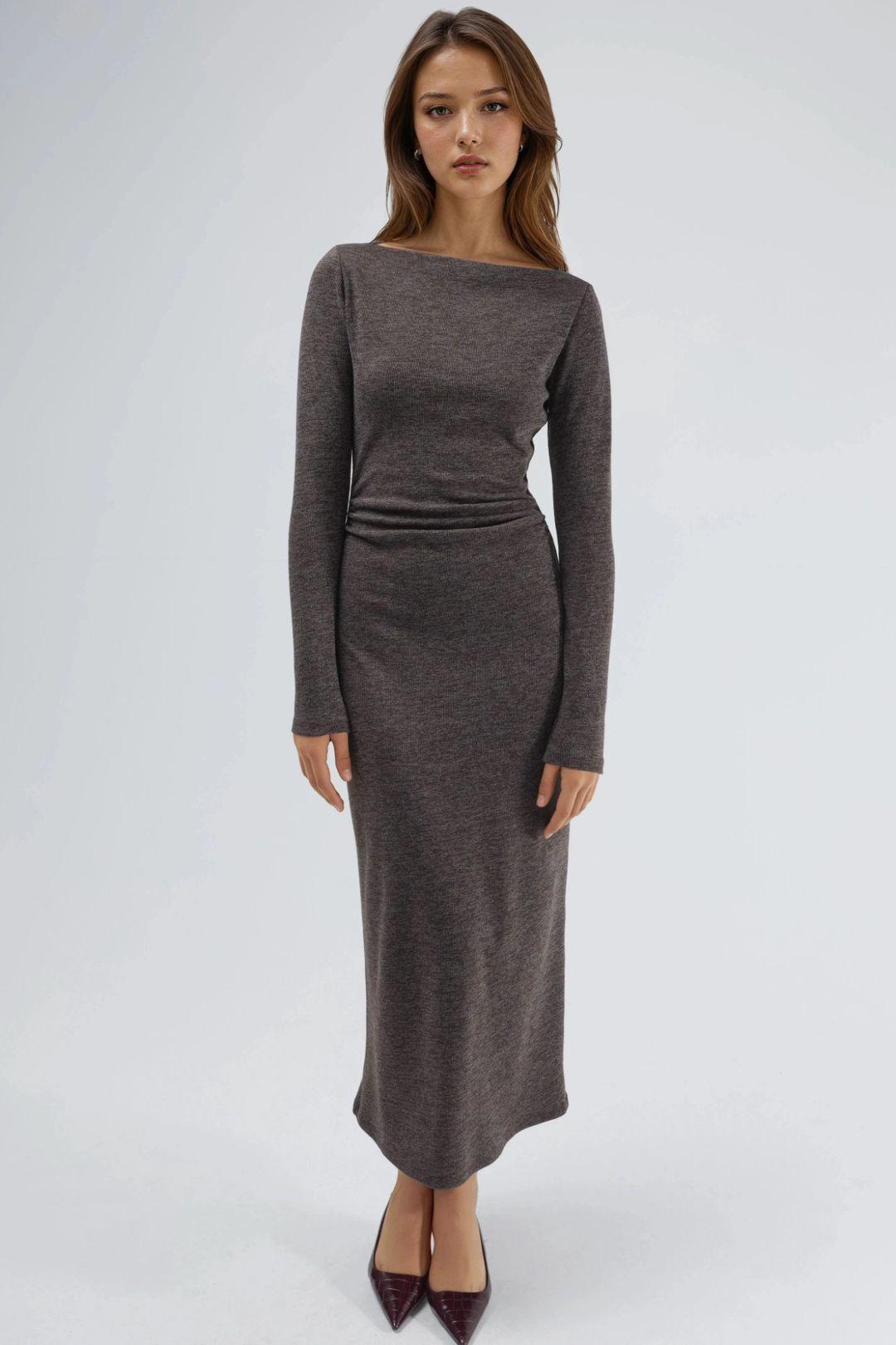 Drape Detailed Boat Neck Maxi Dress by HICCUP