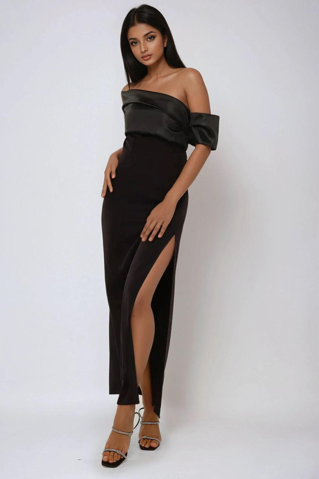 Draped Off Shoulder Maxi Dress with Slit by HICCUP