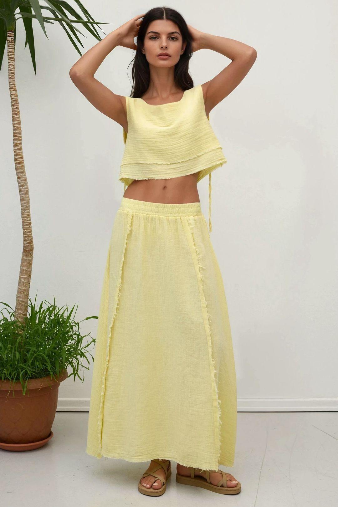 Elastic Waist Skirt-Side Tie Detail Blouse Muslin Set by HICCUP Elastic Waist Skirt-Side Tie Detail Blouse Muslin Set by HICCUP