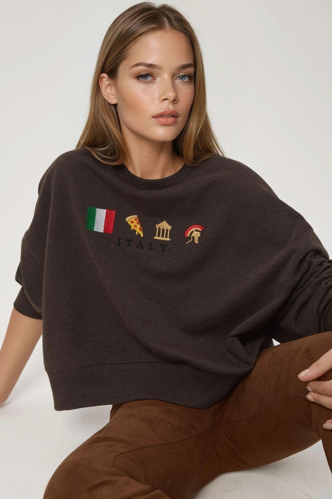 Embroidered Crew Neck Cottoned Raised Sweatshirt by HICCUP