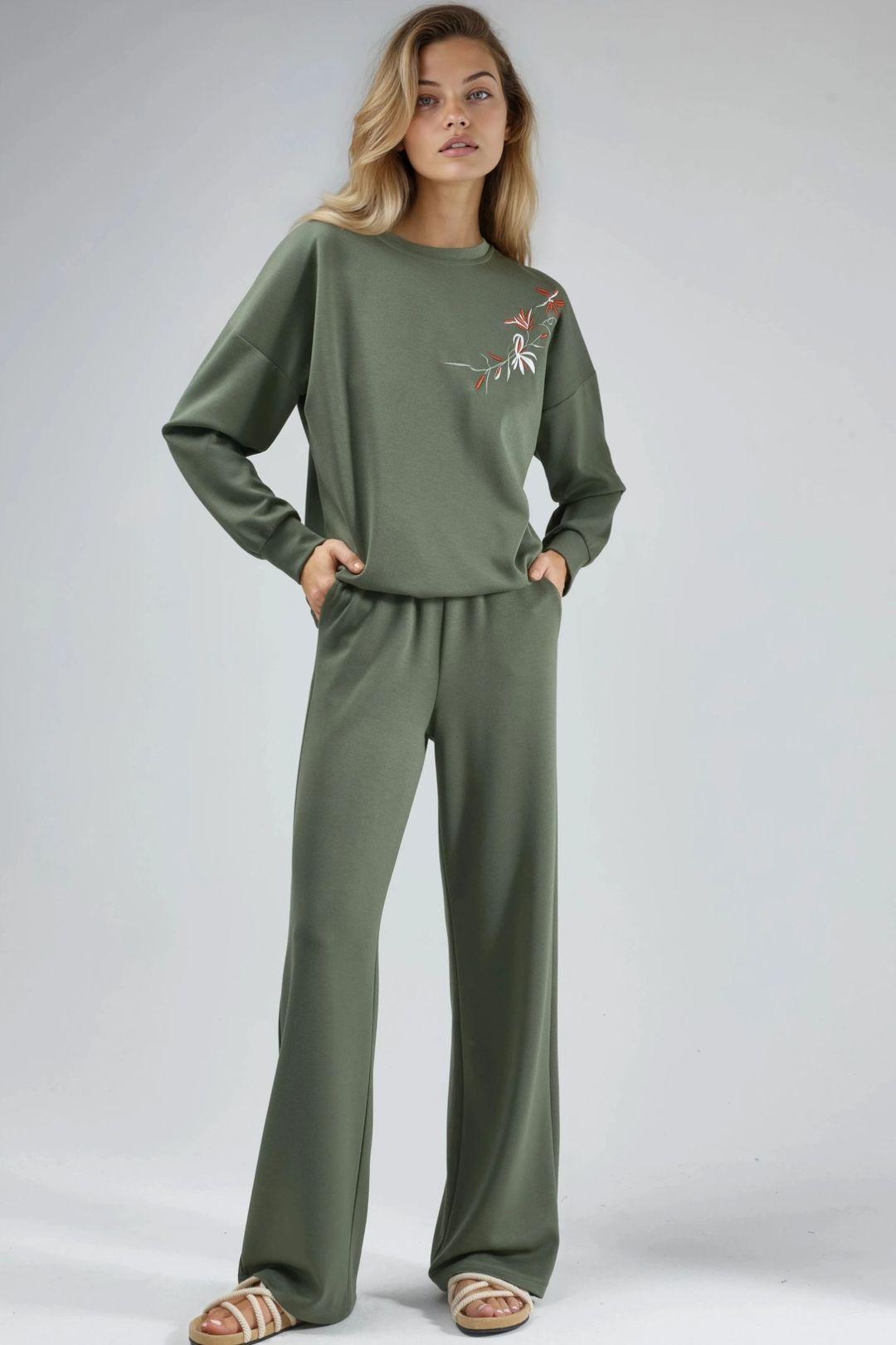 Embroidered Crew Neck Sweatshirt & Straight Leg Pants Two-Piece Set by HICCUP
