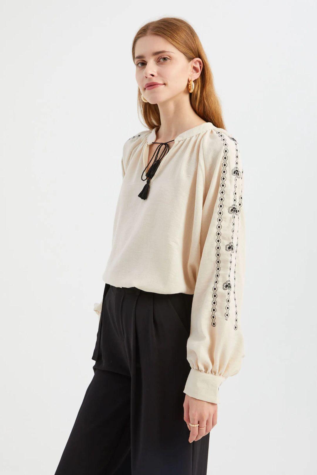 Embroidered Round Neck Long Sleeve Blouse by HICCUP