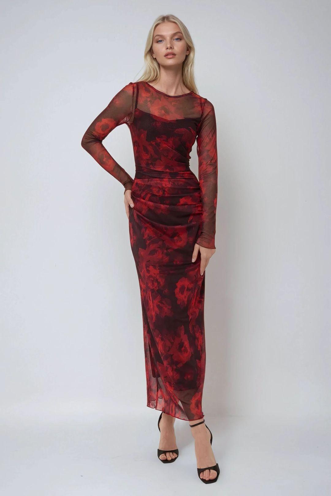 Floral Print Bodycon Maxi Mesh Dress by HICCUP