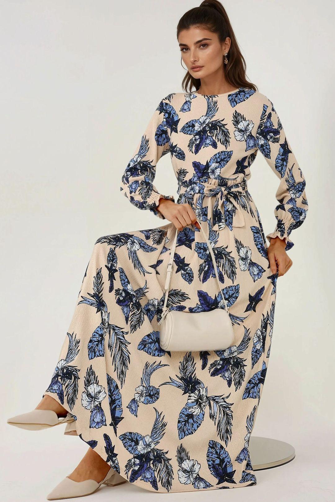 Floral Print Crew Neck Long Sleeve Maxi Dress by HICCUP Floral Print Crew Neck Long Sleeve Maxi Dress by HICCUP