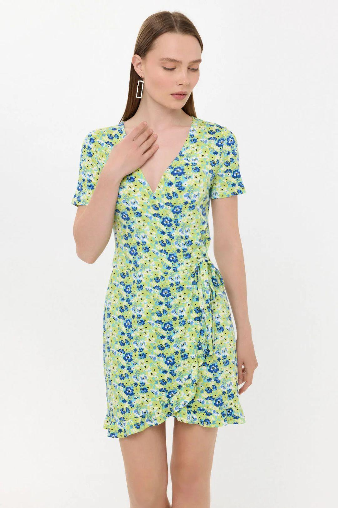 Floral Surplice-Neck Ruffled Mini Dress by HICCUP